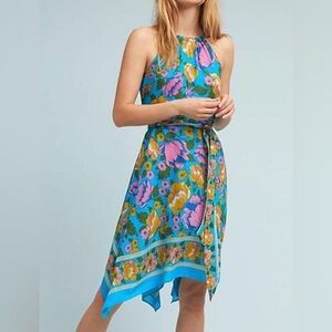 Anthropologie Teal Halter Asymmetrical Floral Dress with Pink Accents